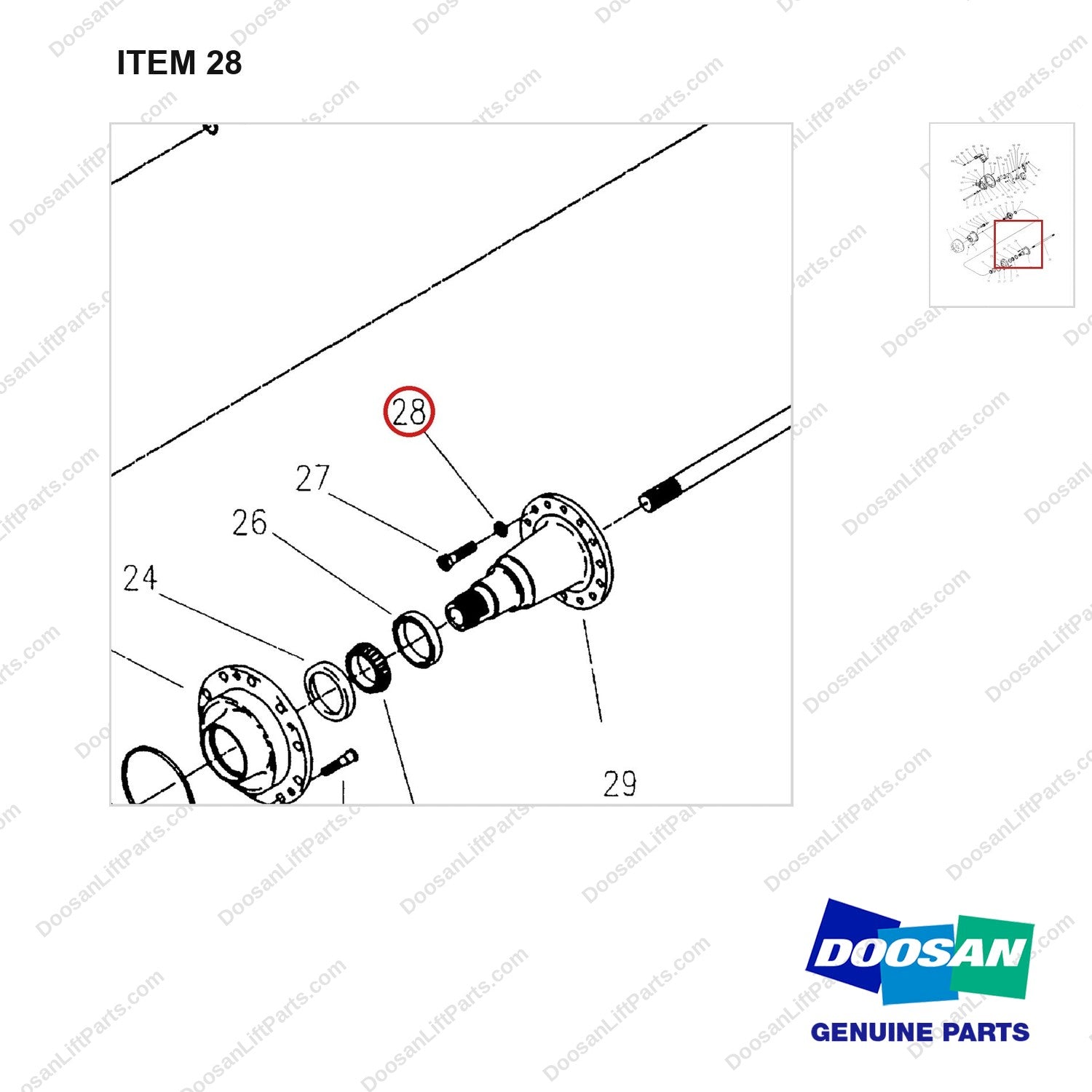 A148249 DRIVE AXLE (1/2) - parts diagram, item 28 shown - genuine Doosan / Bobcat forklift part