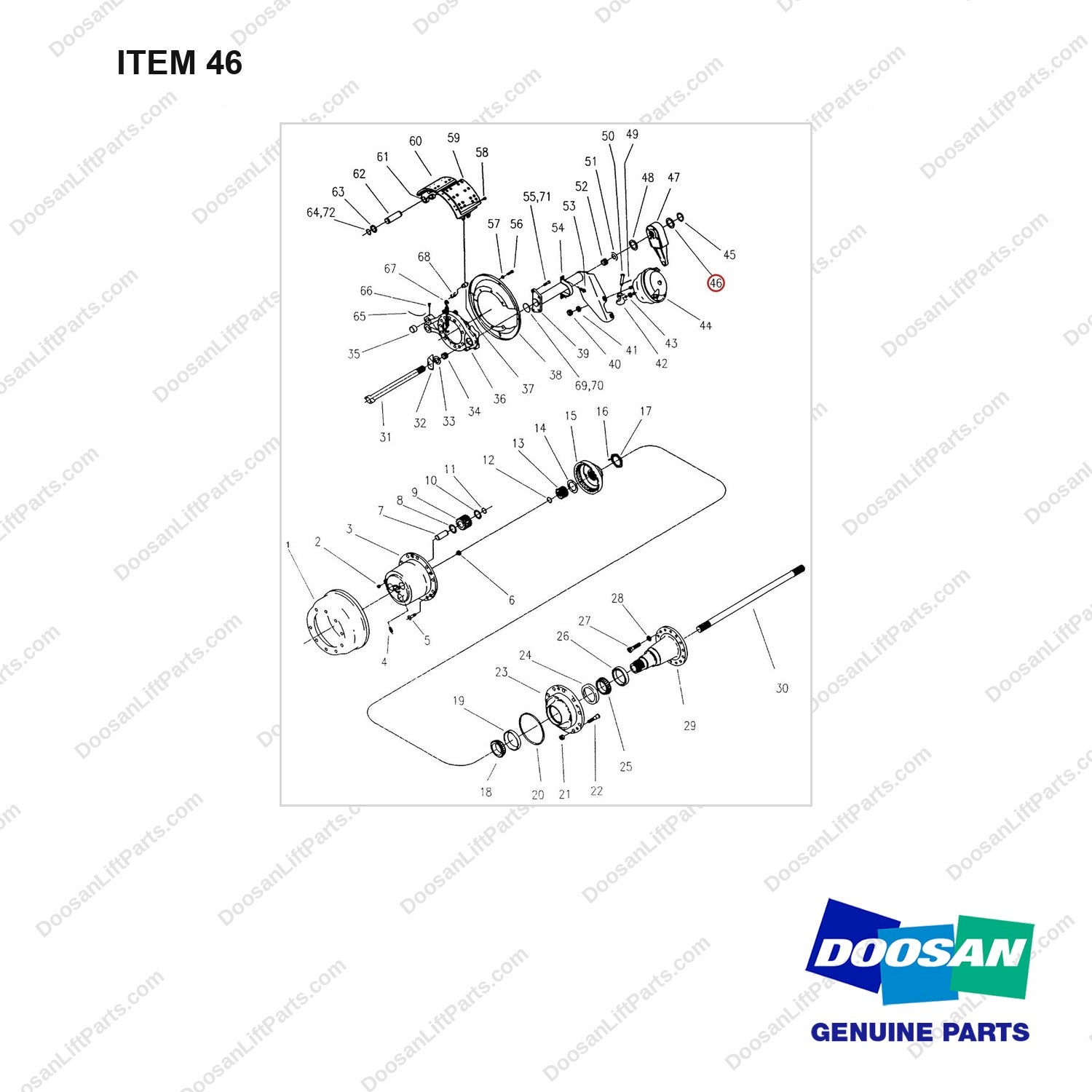 A148273 DRIVE AXLE (1/2) - full parts diagram, item 46 marked - genuine Doosan / Bobcat forklift part