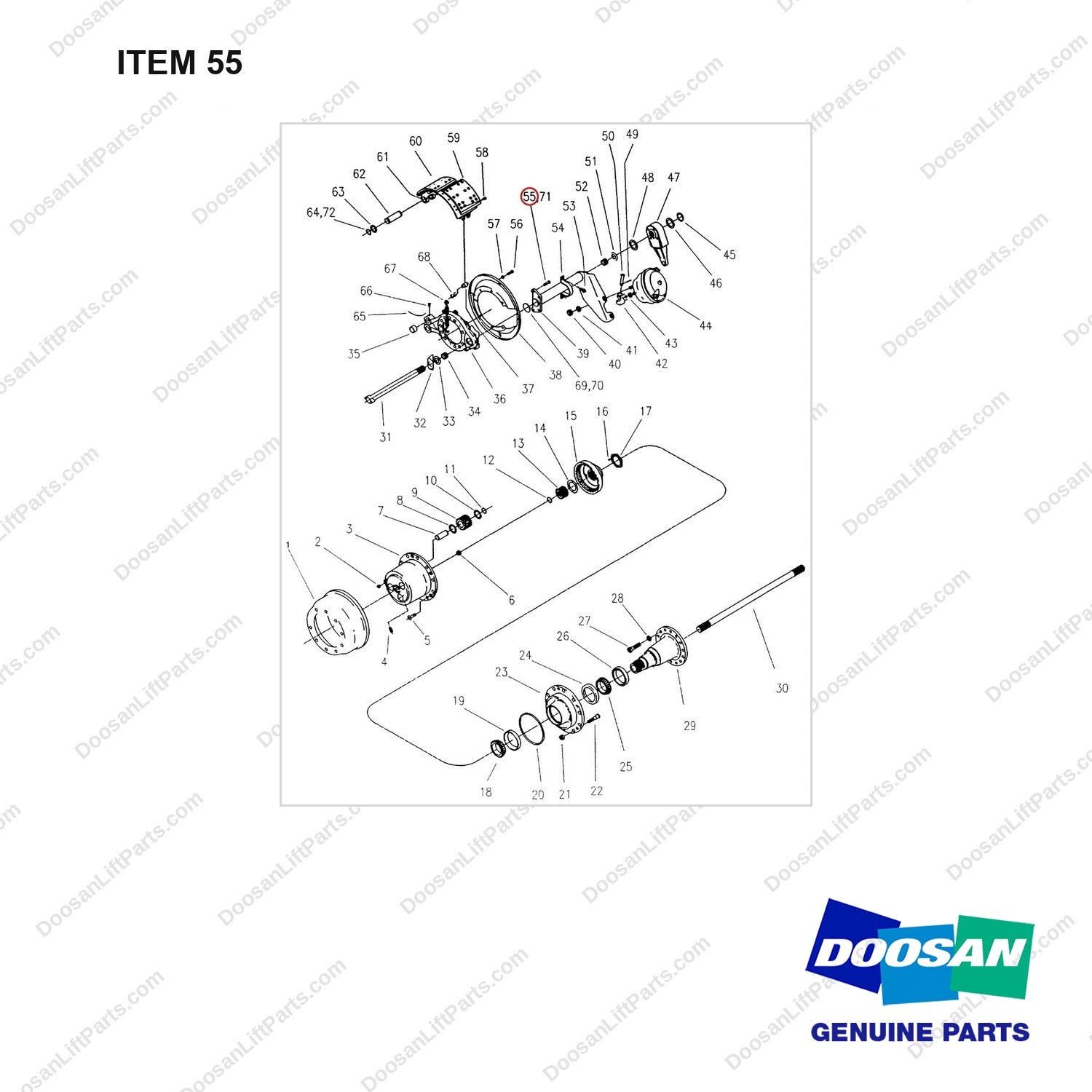 A148283 DRIVE AXLE (1/2) - full parts diagram, item 55 marked - genuine Doosan / Bobcat forklift part