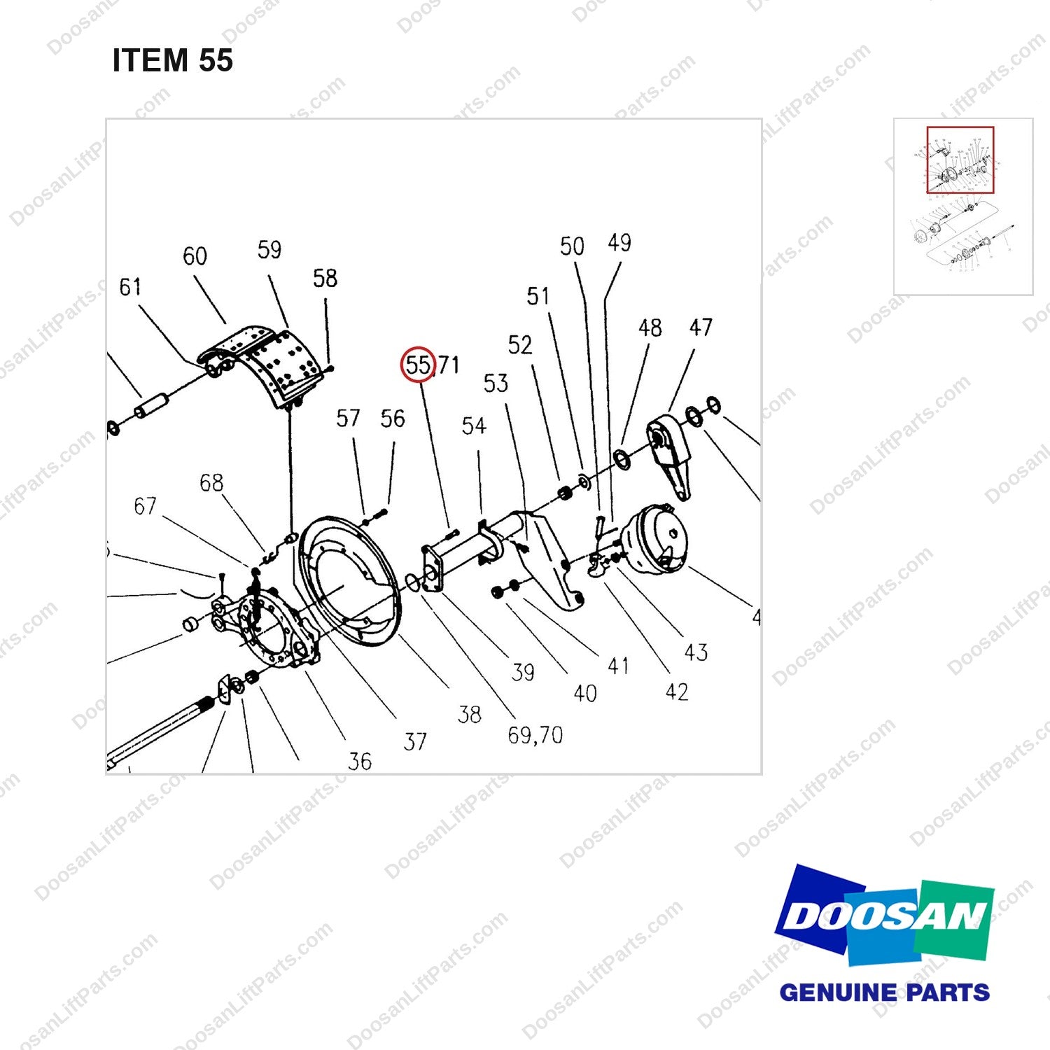 A148283 DRIVE AXLE (1/2) - parts diagram, item 55 shown - genuine Doosan / Bobcat forklift part
