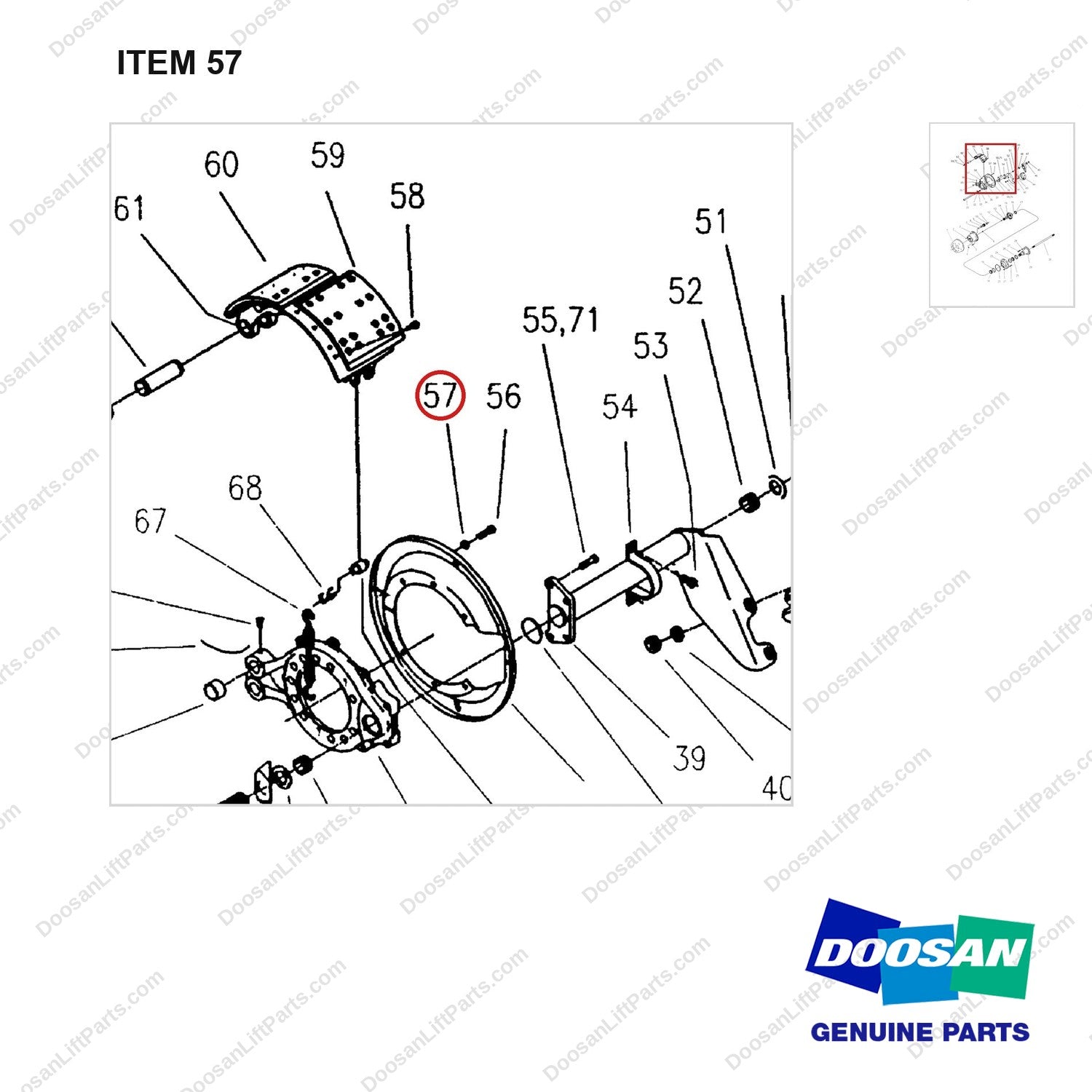 A148286 DRIVE AXLE (1/2) - parts diagram, item 57 shown - genuine Doosan / Bobcat forklift part