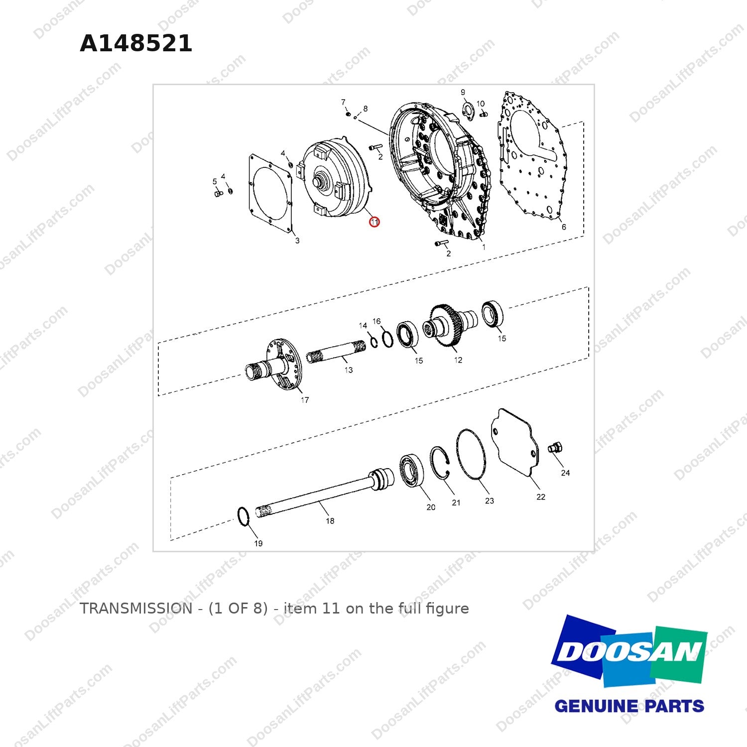 A148521 TRANSMISSION - (1 OF 8) - full parts diagram, item 11 marked - genuine Doosan / Bobcat forklift part