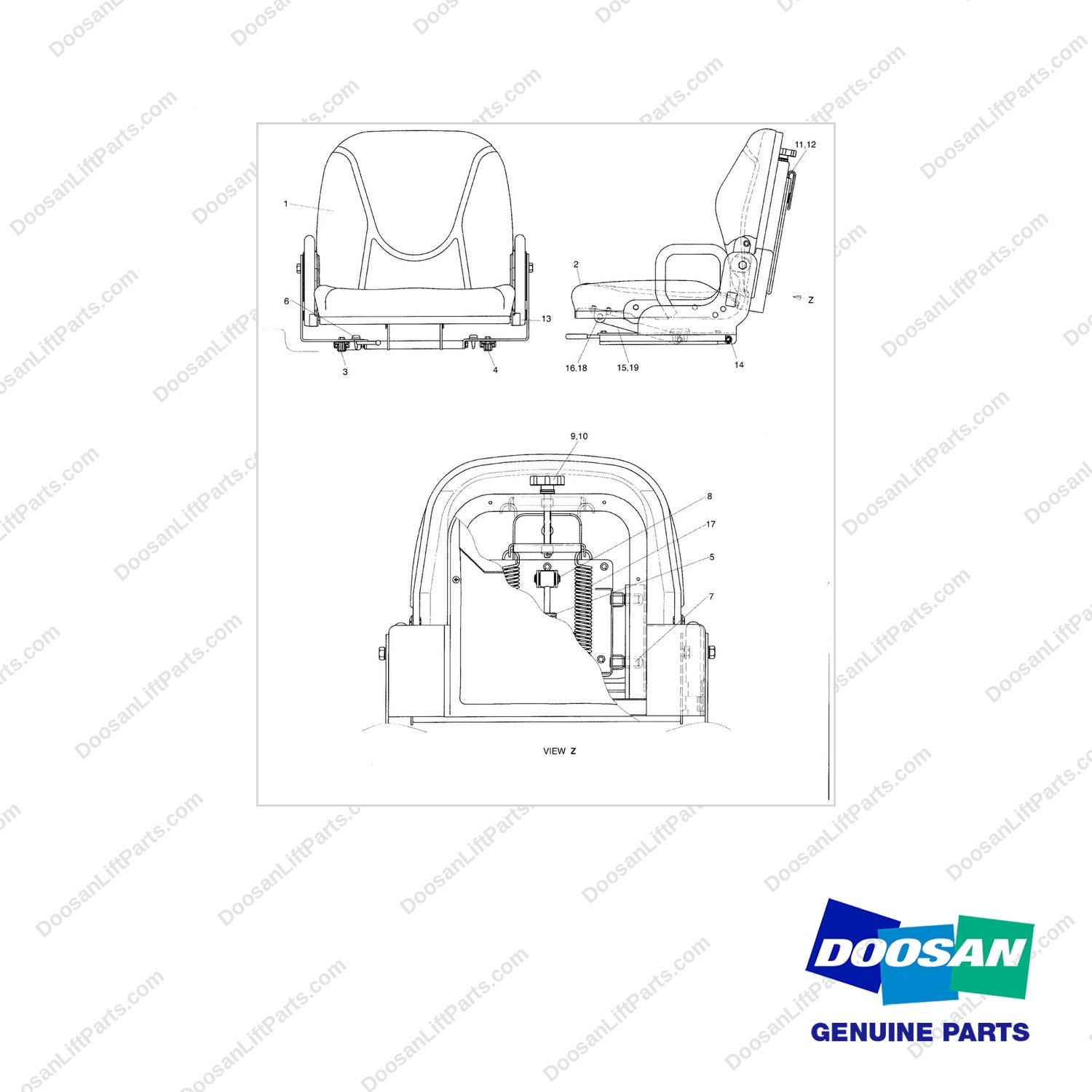 A152046 SEAT GP - full parts diagram - genuine Doosan / Bobcat forklift part