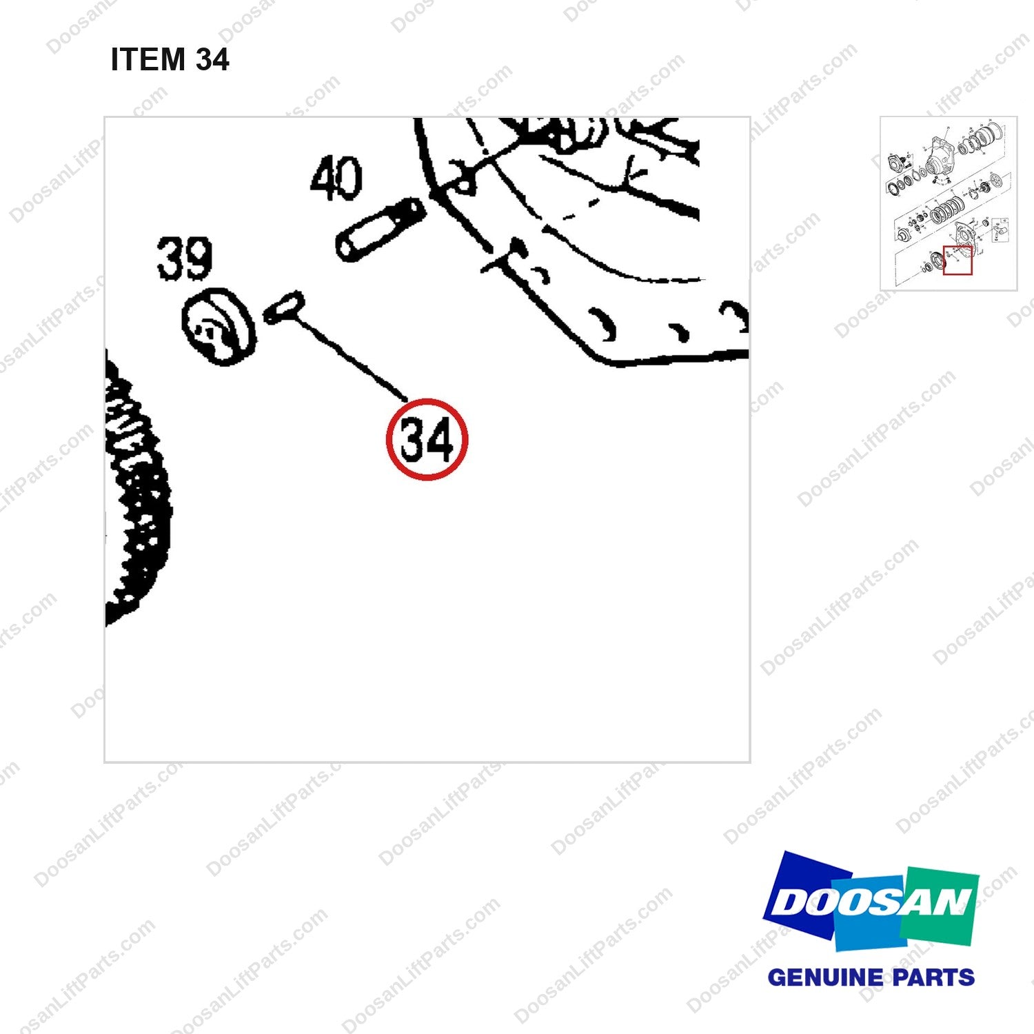 A153052 AXLE GP-DRIVE - parts diagram, item 34 shown - genuine Doosan / Bobcat forklift part