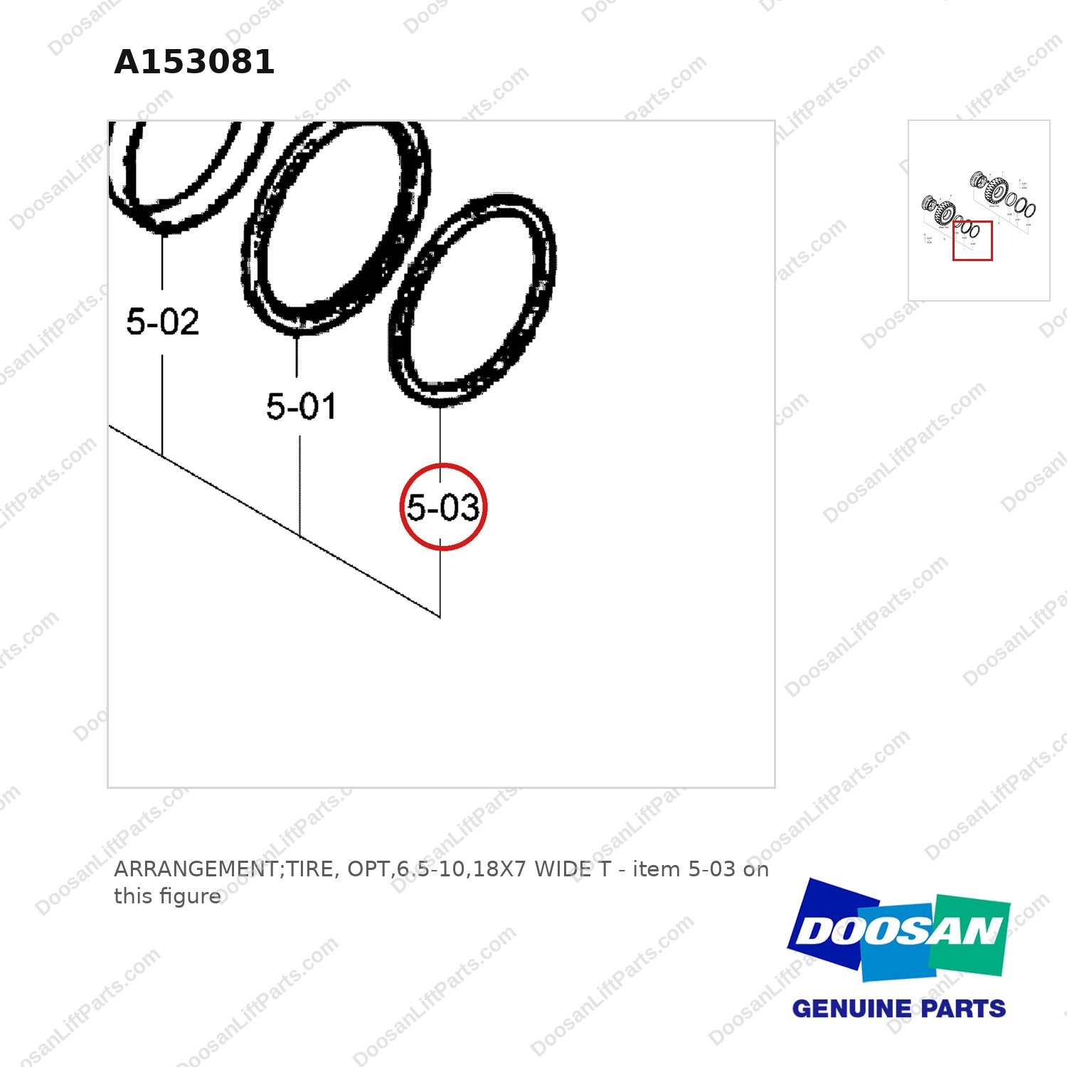A153081 ARRANGEMENT;TIRE, OPT,6.5-10,18X7 WIDE T - parts diagram, item 5-03 shown - genuine Doosan / Bobcat forklift part