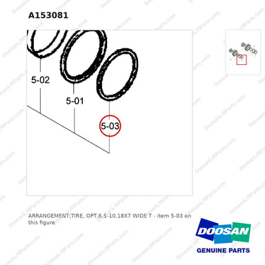 A153081 ARRANGEMENT;TIRE, OPT,6.5-10,18X7 WIDE T - parts diagram, item 5-03 shown - genuine Doosan / Bobcat forklift part