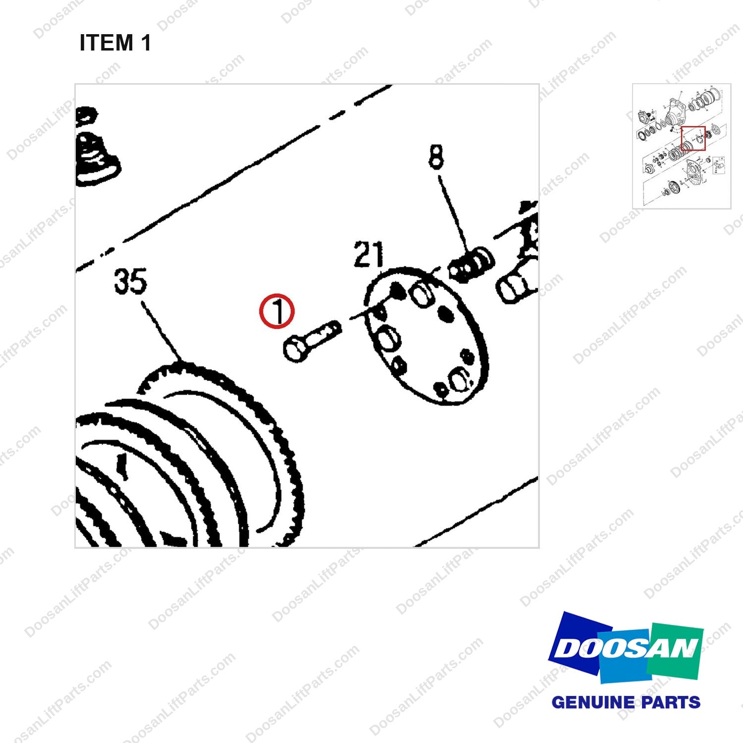 A153098 AXLE GP-DRIVE - parts diagram, item 1 shown - genuine Doosan / Bobcat forklift part