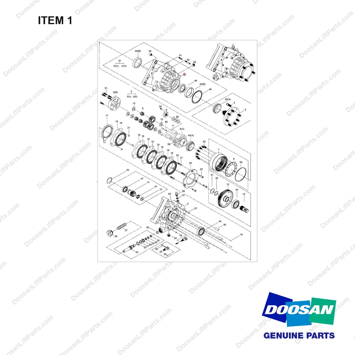 A153197 DRIVE AXLE - RH - full parts diagram, item 1 marked - genuine Doosan / Bobcat forklift part