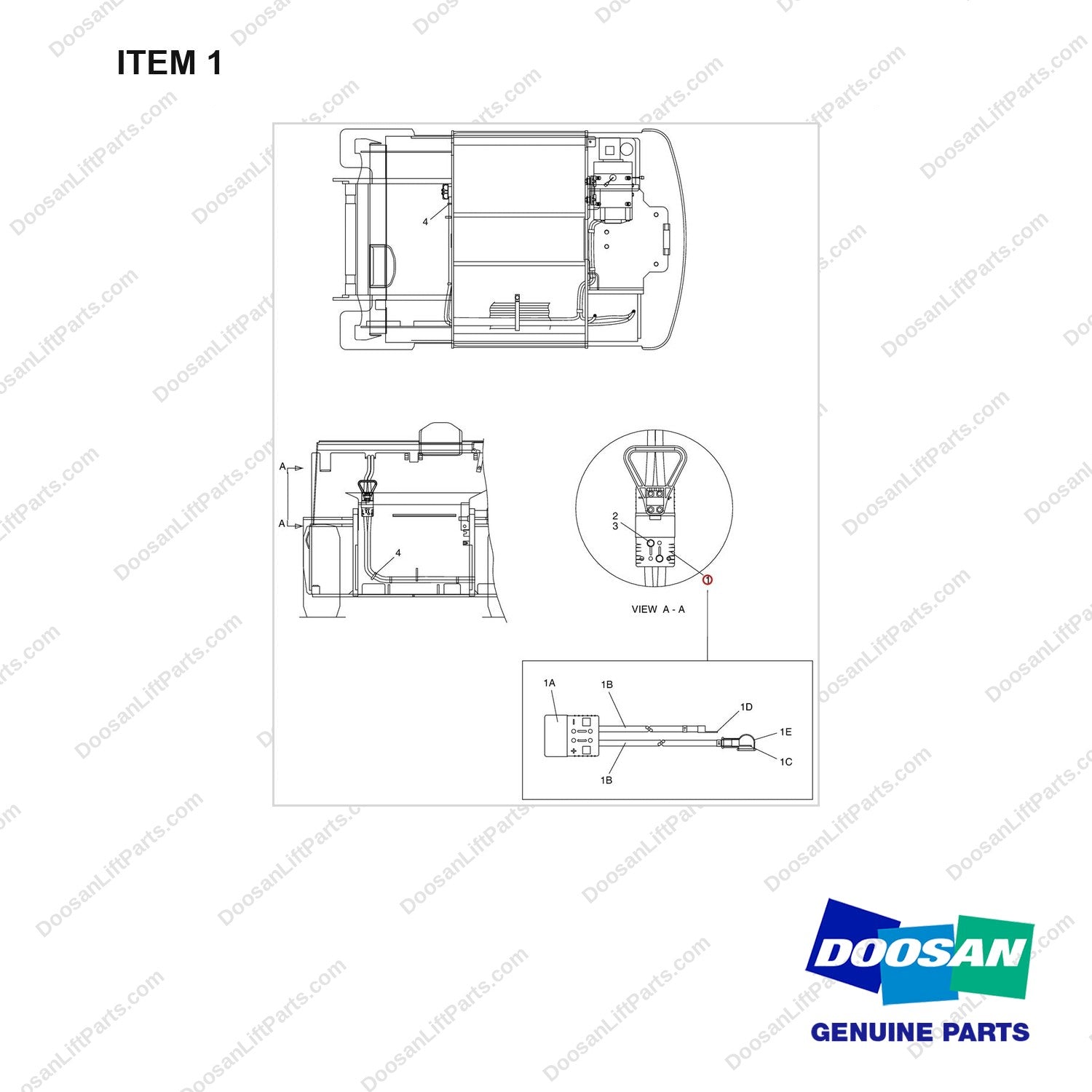 A154841 CONNECTOR GP-BATTERY - (SBE BLUE TYPE)-B13T-2,B15T-2 - full parts diagram, item 1 marked - genuine Doosan / Bobcat forklift part