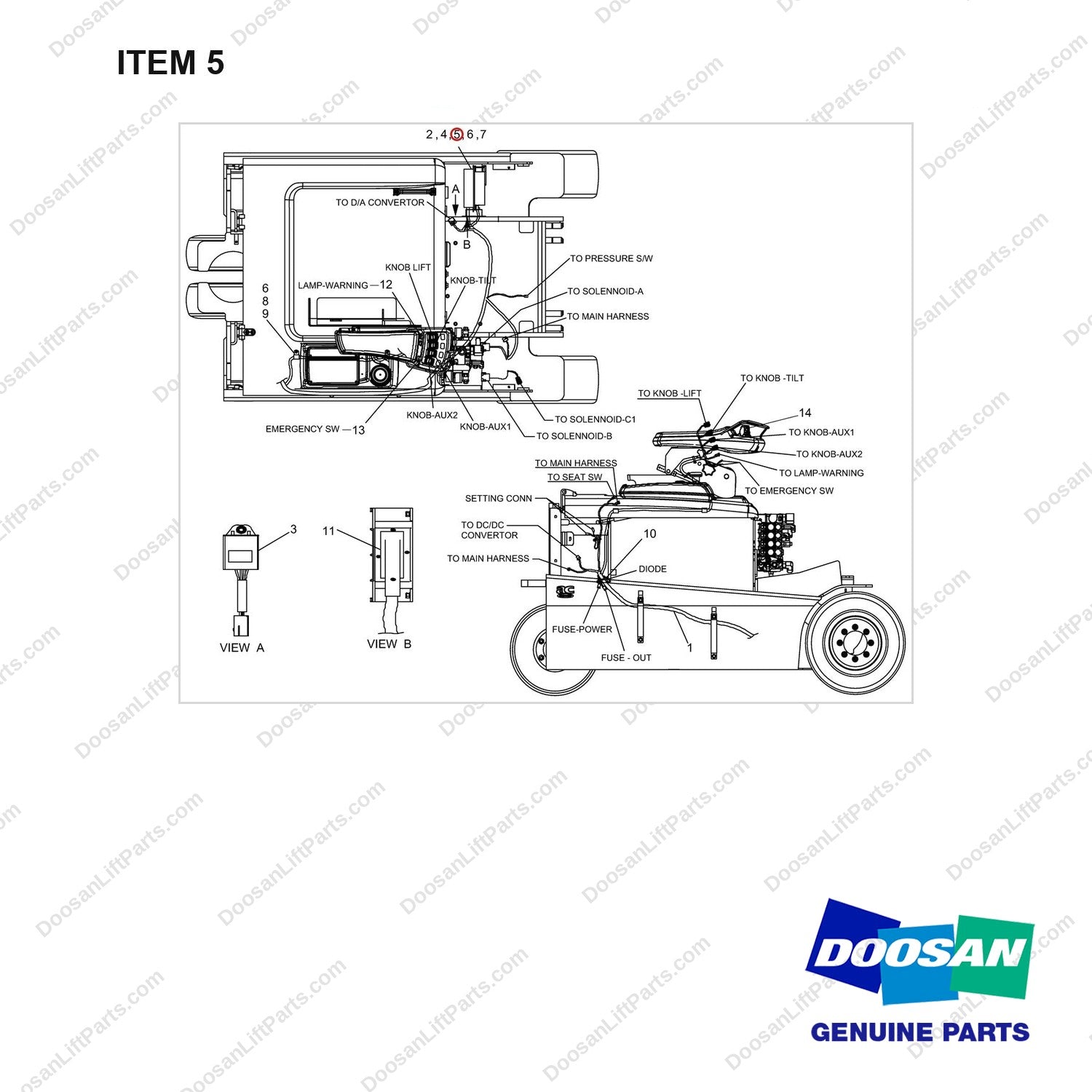 A155450 WIRING GP - FINGERTIP(AC MOTOR) - full parts diagram, item 5 marked - genuine Doosan / Bobcat forklift part