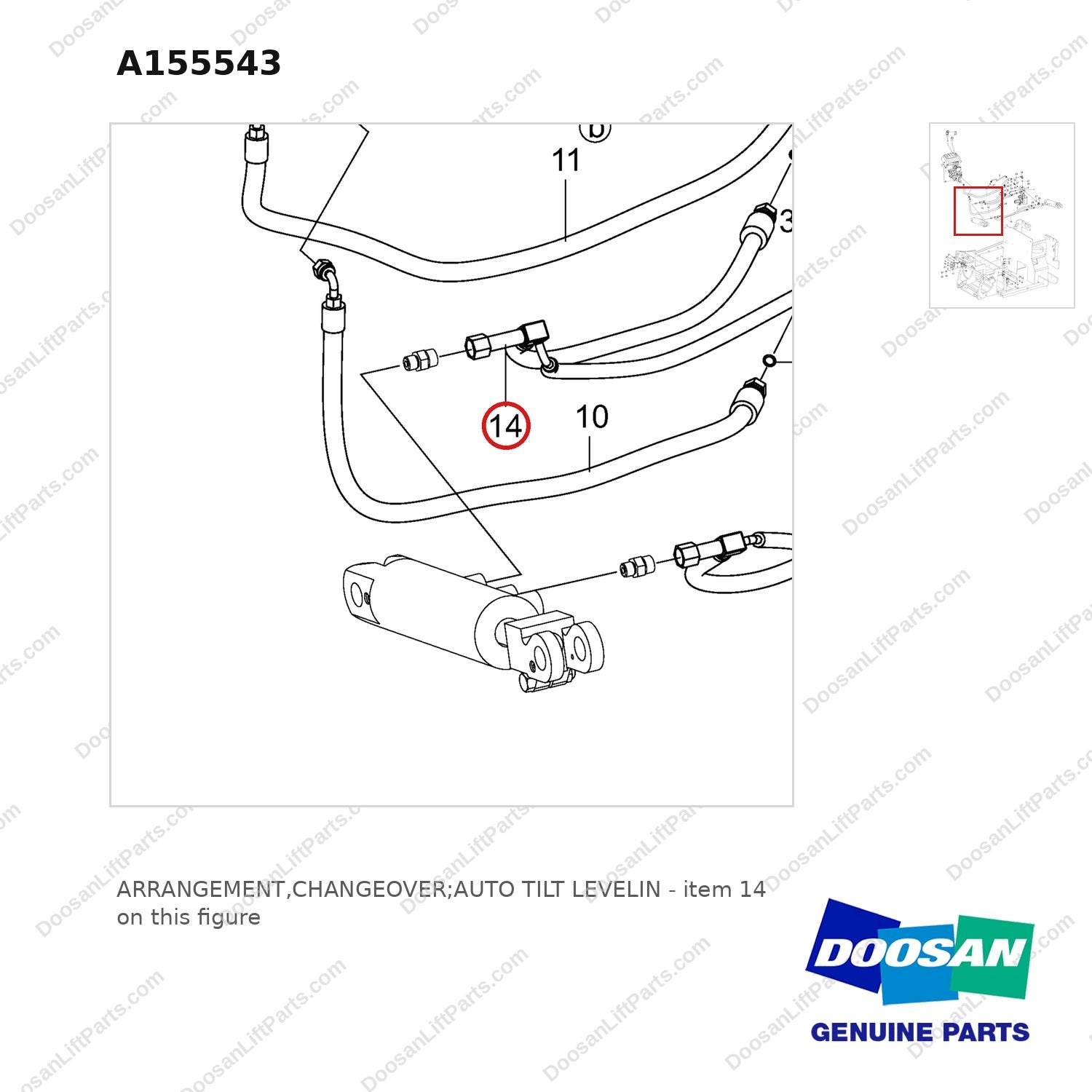 A155543 ARRANGEMENT,CHANGEOVER;AUTO TILT LEVELIN - parts diagram, item 14 shown - genuine Doosan / Bobcat forklift part