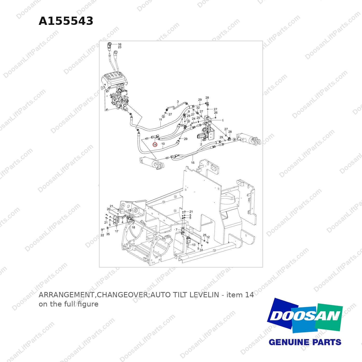 A155543 ARRANGEMENT,CHANGEOVER;AUTO TILT LEVELIN - full parts diagram, item 14 marked - genuine Doosan / Bobcat forklift part