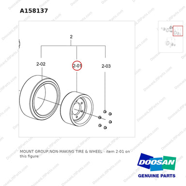 A158137 MOUNT GROUP;NON-MAKING TIRE & WHEEL - parts diagram, item 2-01 shown - genuine Doosan / Bobcat forklift part