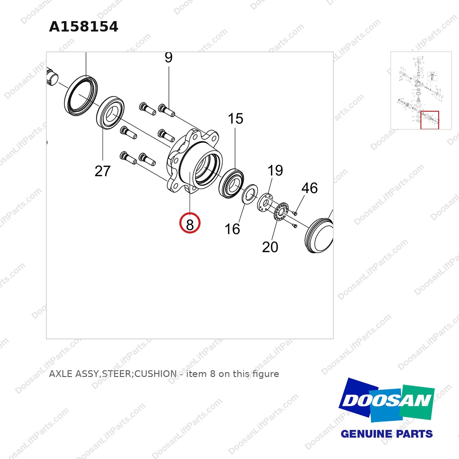 A158154 AXLE ASSY,STEER;CUSHION - parts diagram, item 8 shown - genuine Doosan / Bobcat forklift part