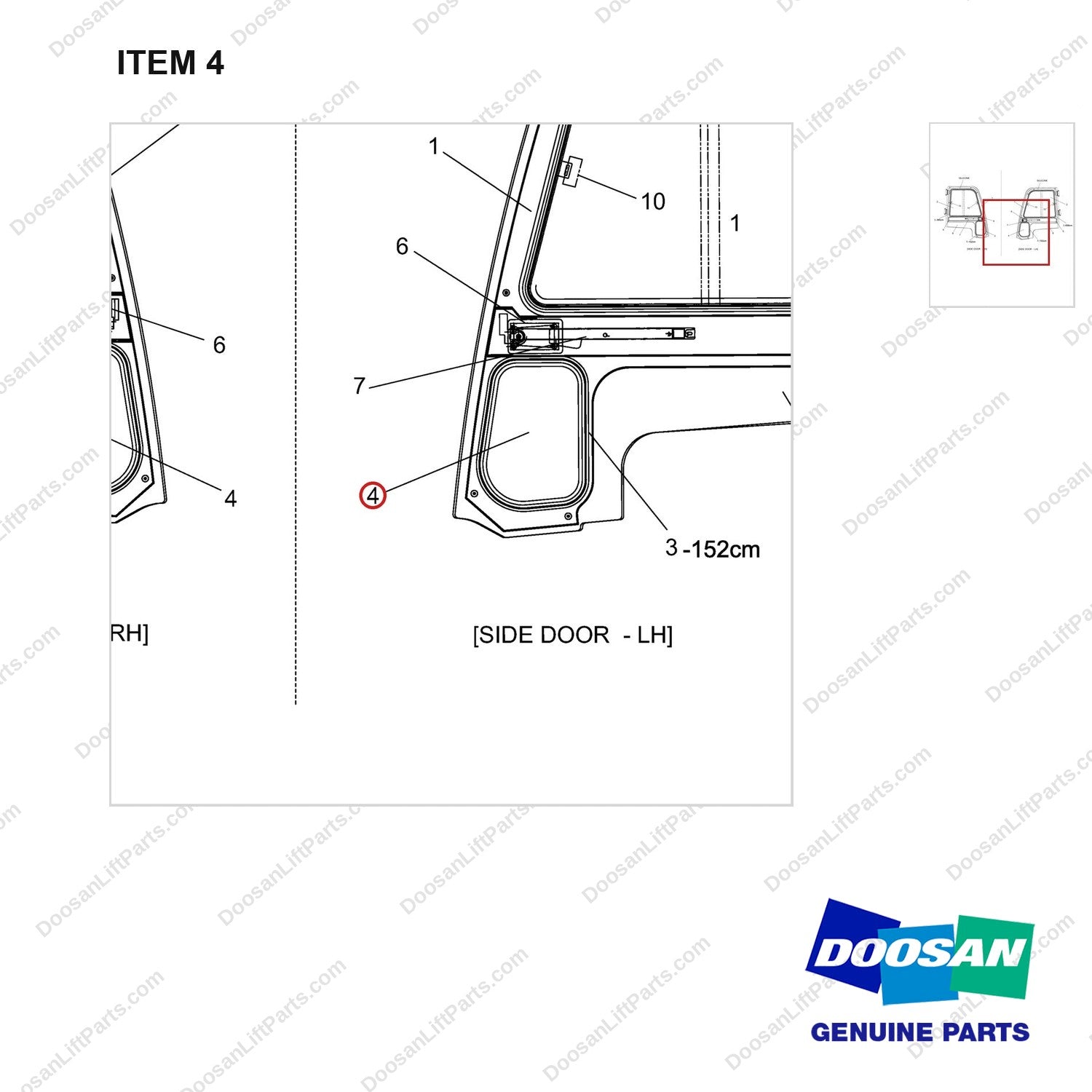 A159284 SIDE DOOR ASS'Y - LH-1.8/2.0 TON - parts diagram, item 4 shown - genuine Doosan / Bobcat forklift part