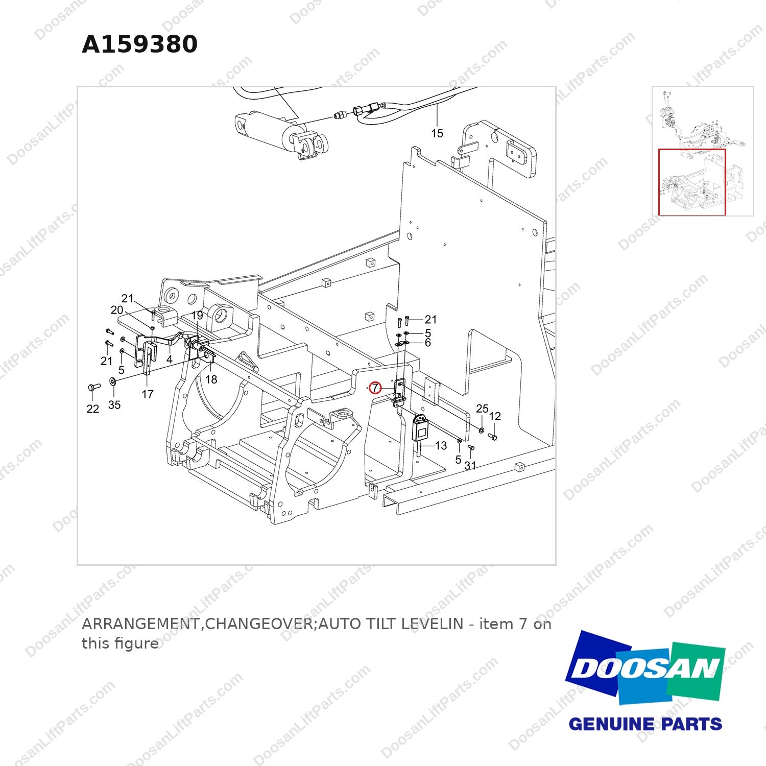 A159380 ARRANGEMENT,CHANGEOVER;AUTO TILT LEVELIN - parts diagram, item 7 shown - genuine Doosan / Bobcat forklift part