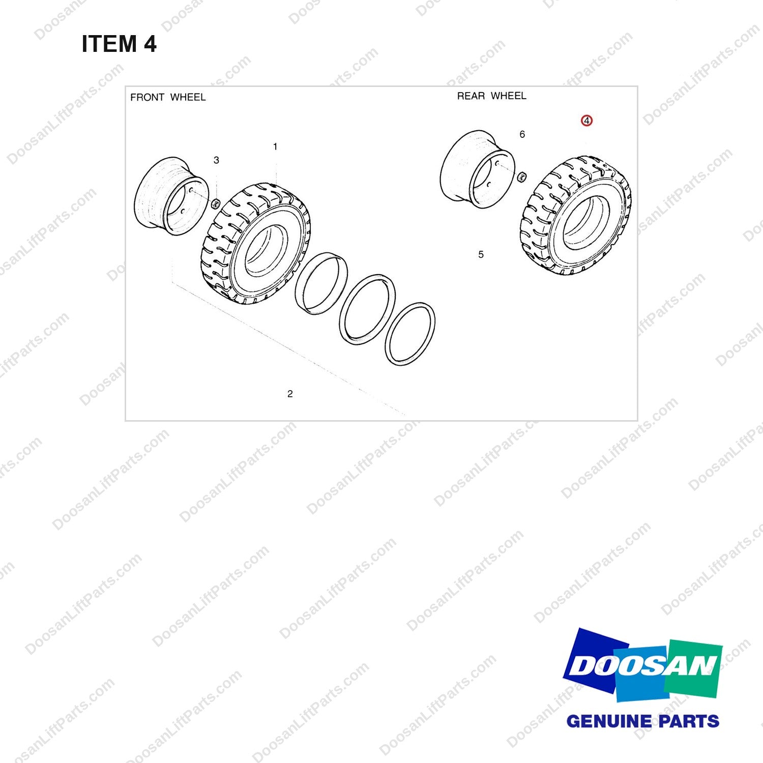 A163053-T ARRANGEMENT;TIRE,SOLID - full parts diagram, item 4 marked - genuine Doosan / Bobcat forklift part