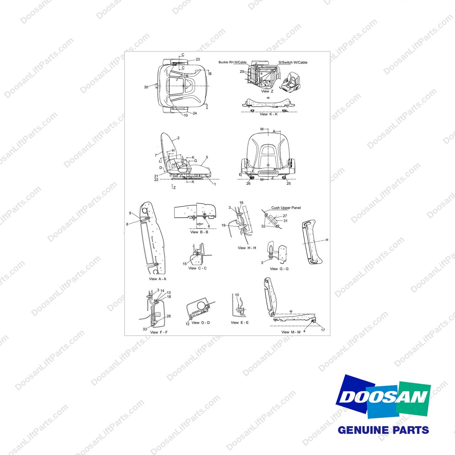 A172291 SEAT ASSY;STATIC,NACD,CLOTH - full parts diagram - genuine Doosan / Bobcat forklift part