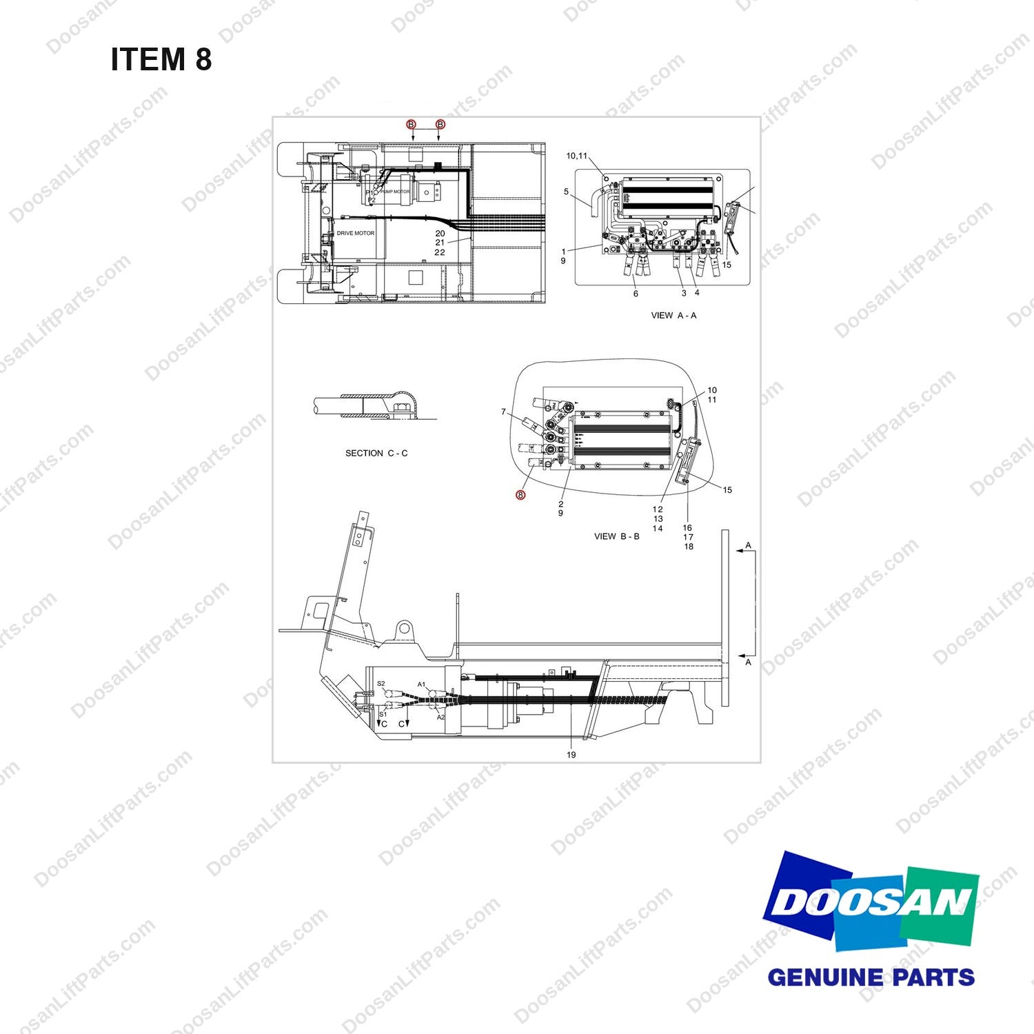 A174512 PANEL GP-CONTROL - full parts diagram, item 8 marked - genuine Doosan / Bobcat forklift part