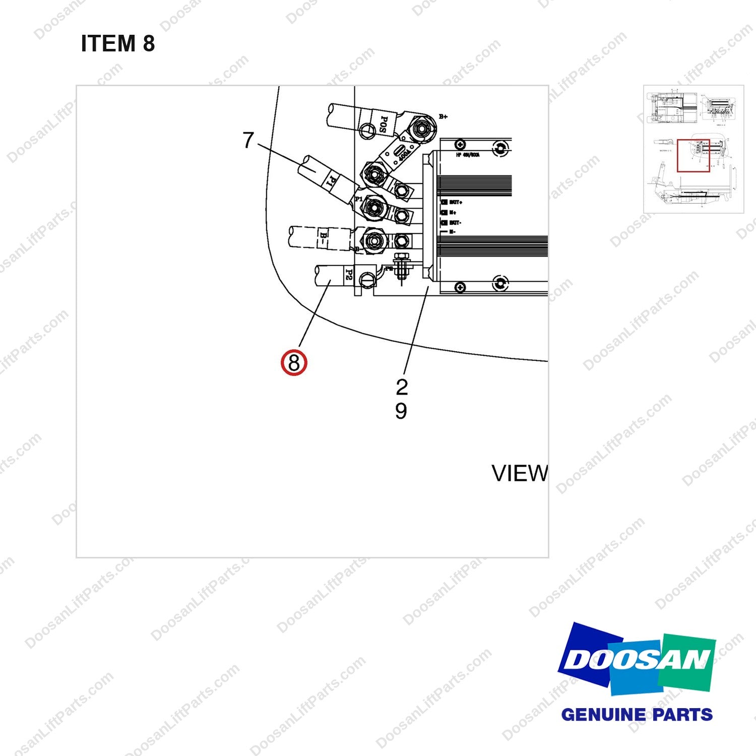 A174512 PANEL GP-CONTROL - parts diagram, item 8 shown - genuine Doosan / Bobcat forklift part