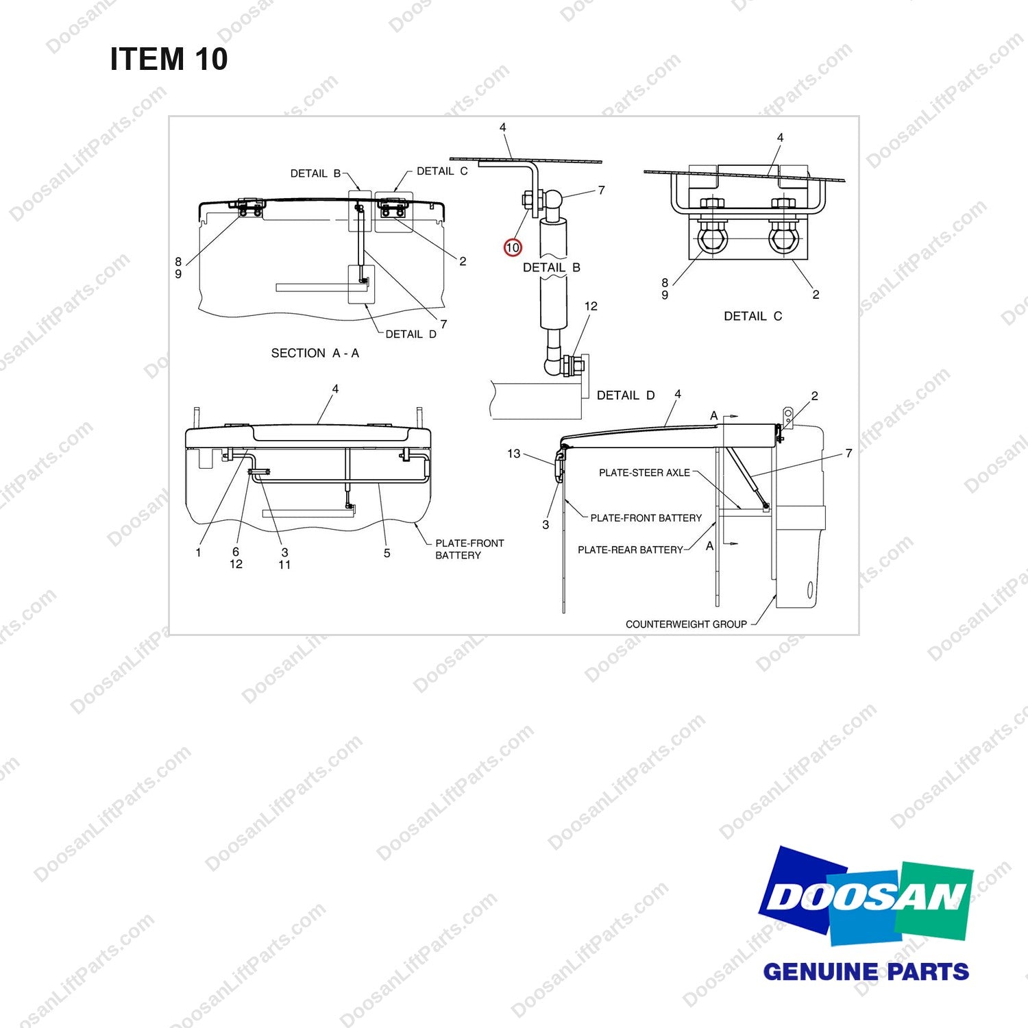 A209169 HOOD GP - BC15T - full parts diagram, item 10 marked - genuine Doosan / Bobcat forklift part