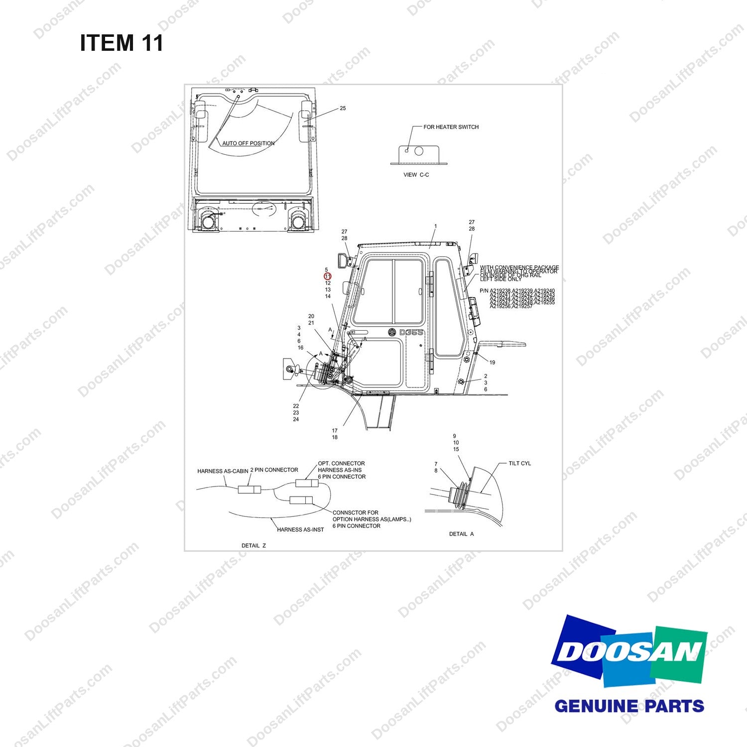 A211961 CHG OVER AR-CABIN(W/O SOUND SUPPRESSION) - full parts diagram, item 11 marked - genuine Doosan / Bobcat forklift part