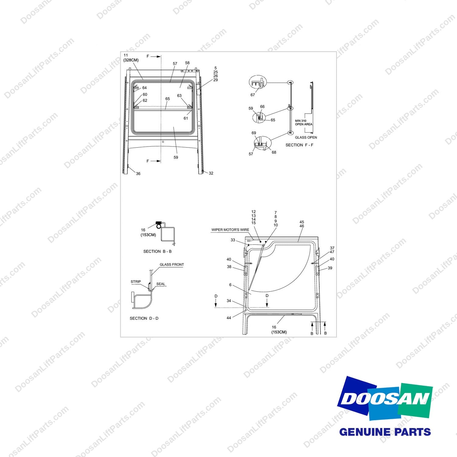 A212846 CABIN AS - (PART 2 OF 2)-LOW NOISE CABIN - full parts diagram - genuine Doosan / Bobcat forklift part