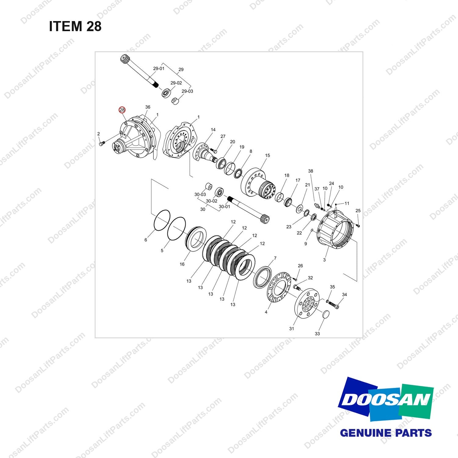 A213219 Drive Axle Ass'y - Single Tire - full parts diagram, item 28 marked - genuine Doosan / Bobcat forklift part
