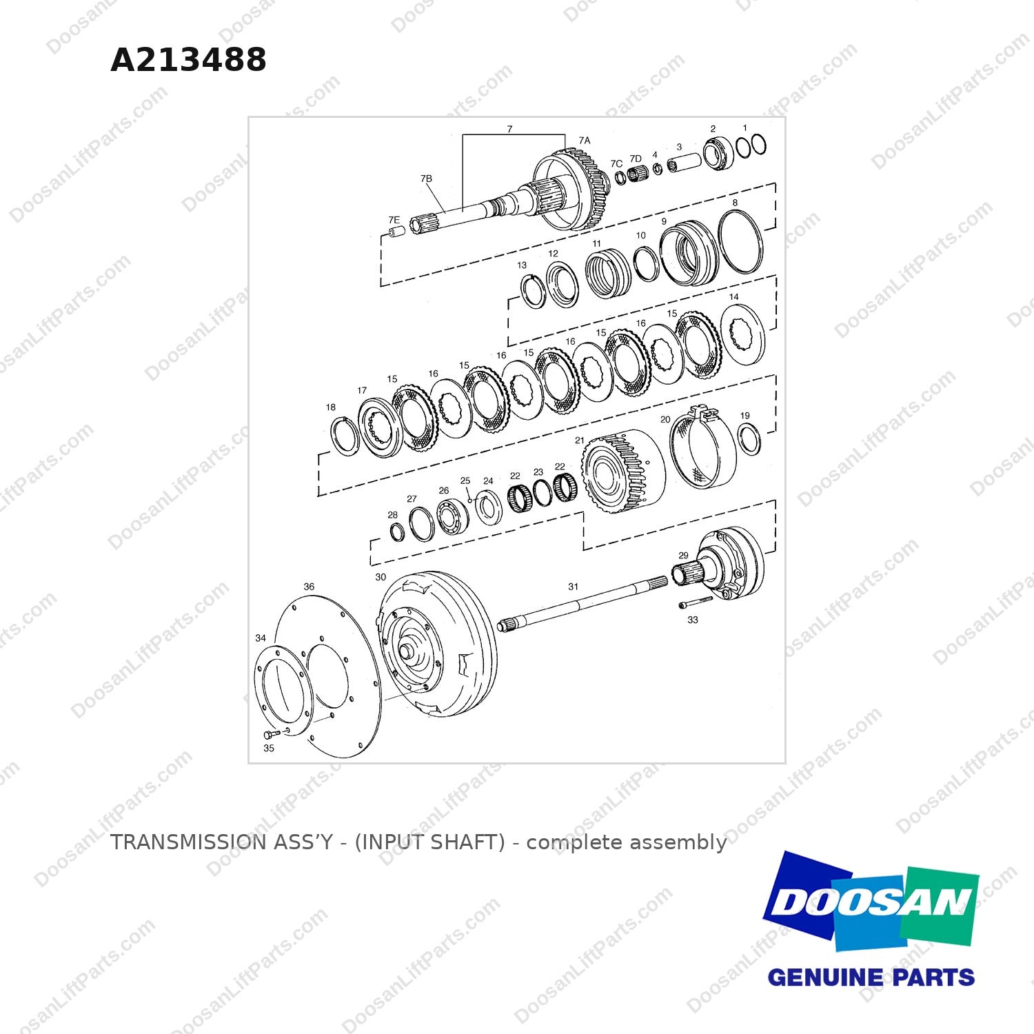 A213488 TRANSMISSION ASS'Y - (INPUT SHAFT) - full parts diagram - genuine Doosan / Bobcat forklift part