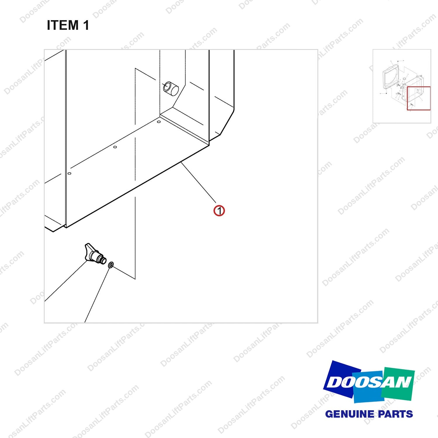 A213659 RADIATOR GP - parts diagram, item 1 shown - genuine Doosan / Bobcat forklift part