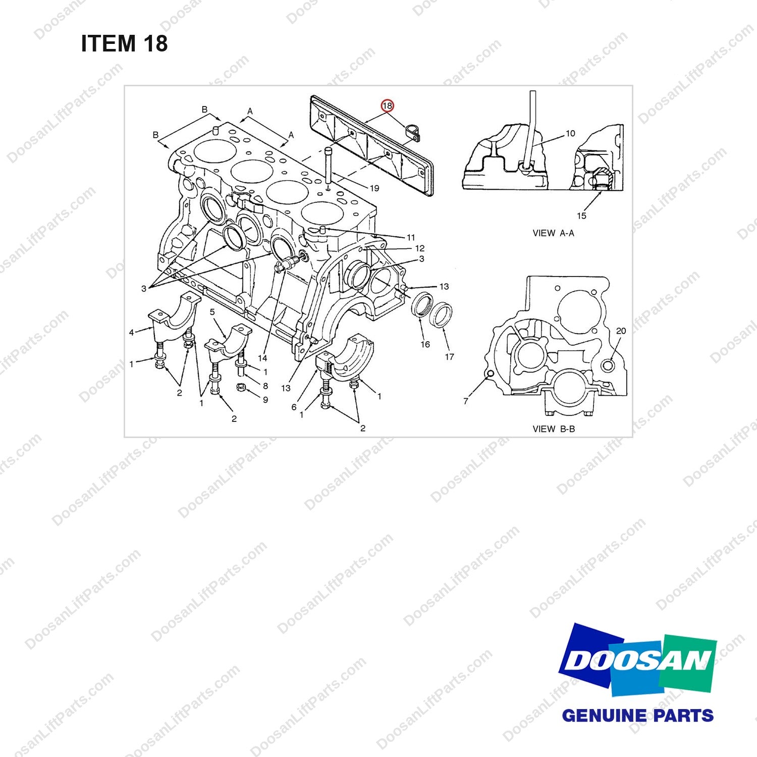 A213864 CYLINDER BLOCK GP - full parts diagram, item 18 marked - genuine Doosan / Bobcat forklift part
