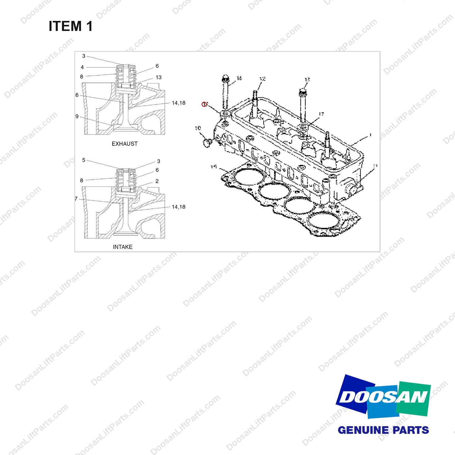 A213874 CYLINDER HEAD GP - full parts diagram, item 1 marked - genuine Doosan / Bobcat forklift part