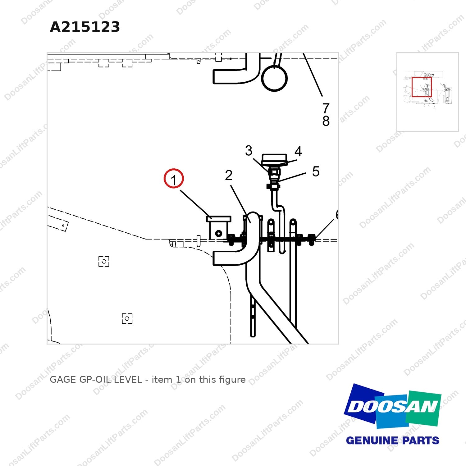 A215123 GAGE GP-OIL LEVEL - parts diagram, item 1 shown - genuine Doosan / Bobcat forklift part