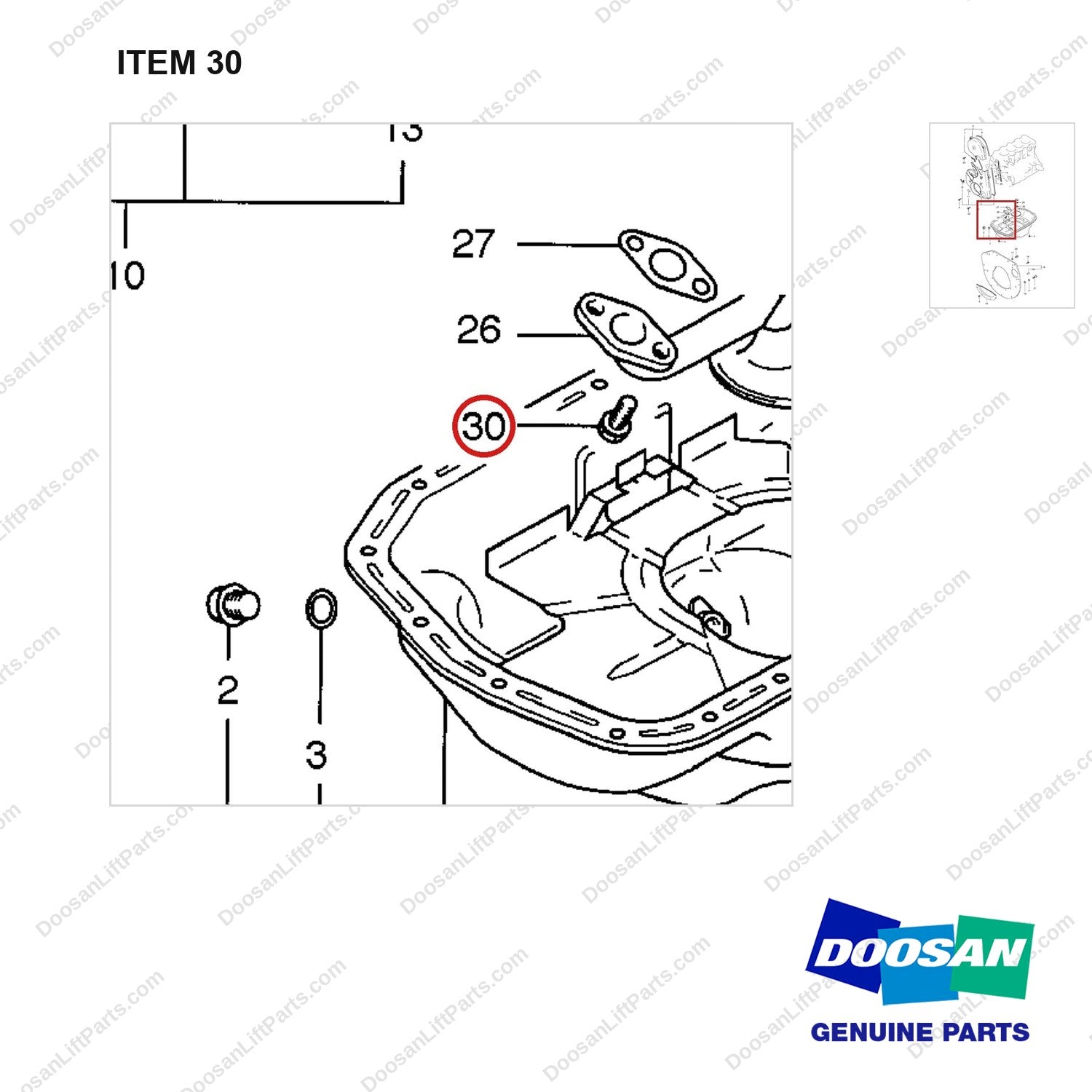 A218134 COVER-FLYWHEEL HOUSING & OIL PAN GP - parts diagram, item 30 shown - genuine Doosan / Bobcat forklift part