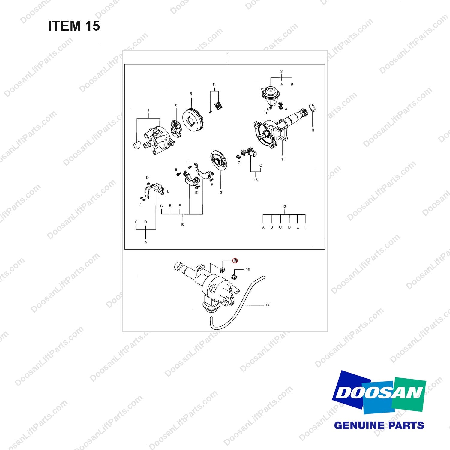 A218367 DISTRIBUTOR GP - full parts diagram, item 15 marked - genuine Doosan / Bobcat forklift part