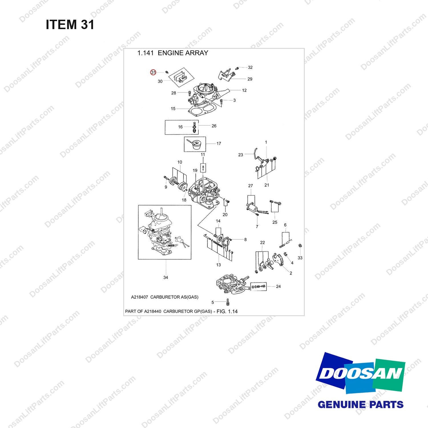 A218434 CARBURETOR ASS'Y - full parts diagram, item 31 marked - genuine Doosan / Bobcat forklift part
