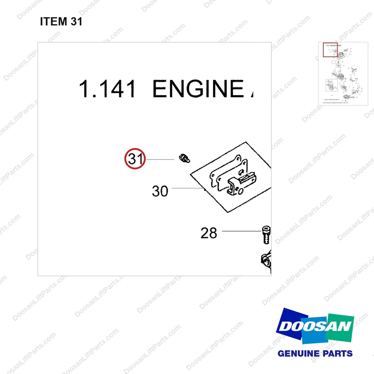 A218434 CARBURETOR ASS'Y - parts diagram, item 31 shown - genuine Doosan / Bobcat forklift part