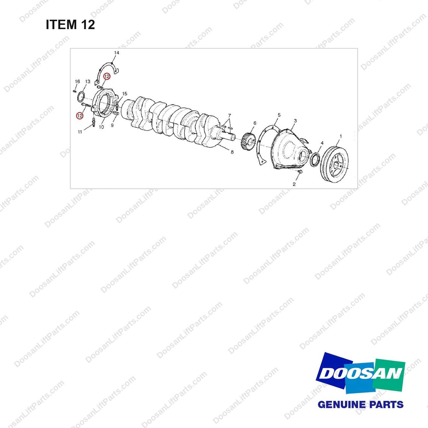 A218573 CRANKSHAFT GP - full parts diagram, item 12 marked - genuine Doosan / Bobcat forklift part
