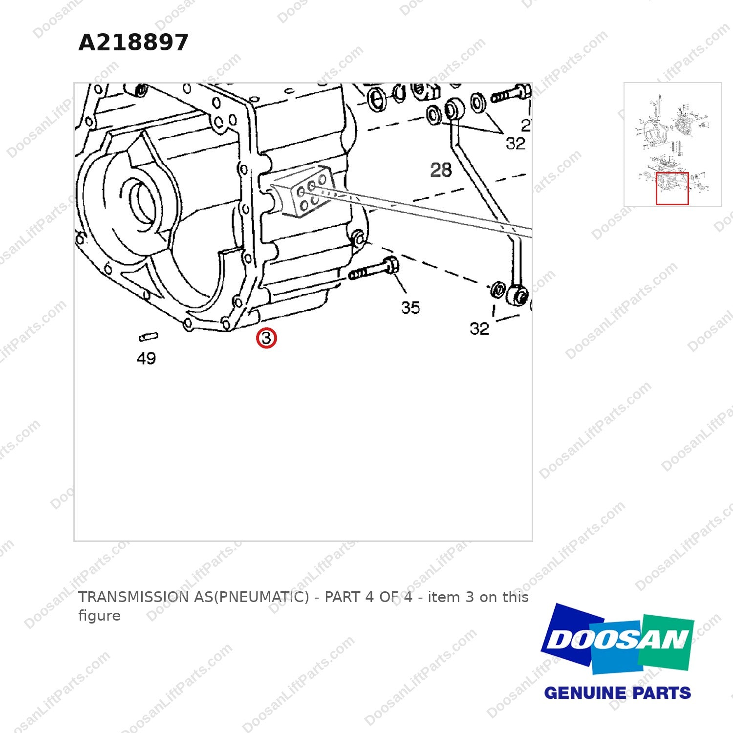 A218897 TRANSMISSION AS(PNEUMATIC) - PART 4 OF 4 - parts diagram, item 3 shown - genuine Doosan / Bobcat forklift part