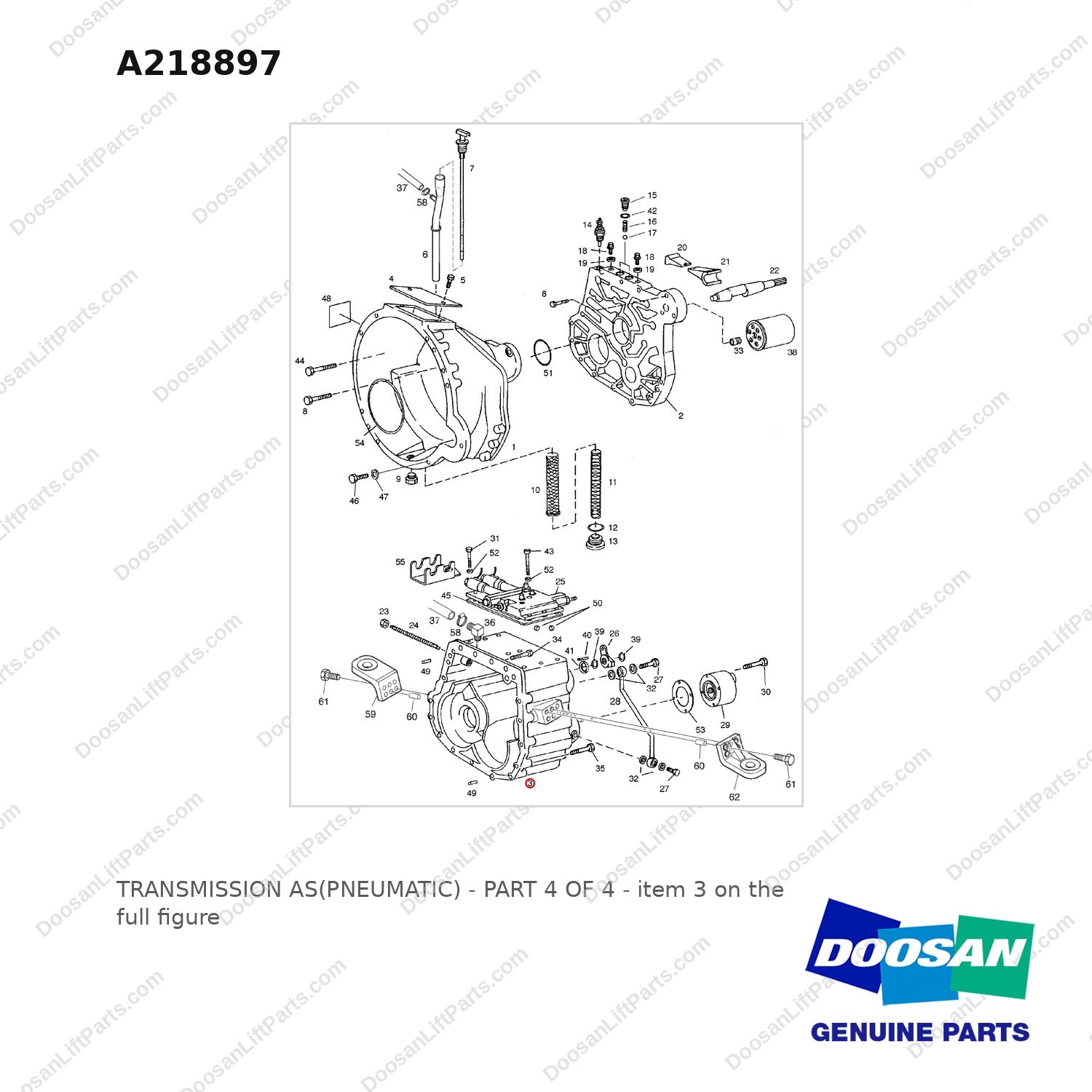 A218897 TRANSMISSION AS(PNEUMATIC) - PART 4 OF 4 - full parts diagram, item 3 marked - genuine Doosan / Bobcat forklift part