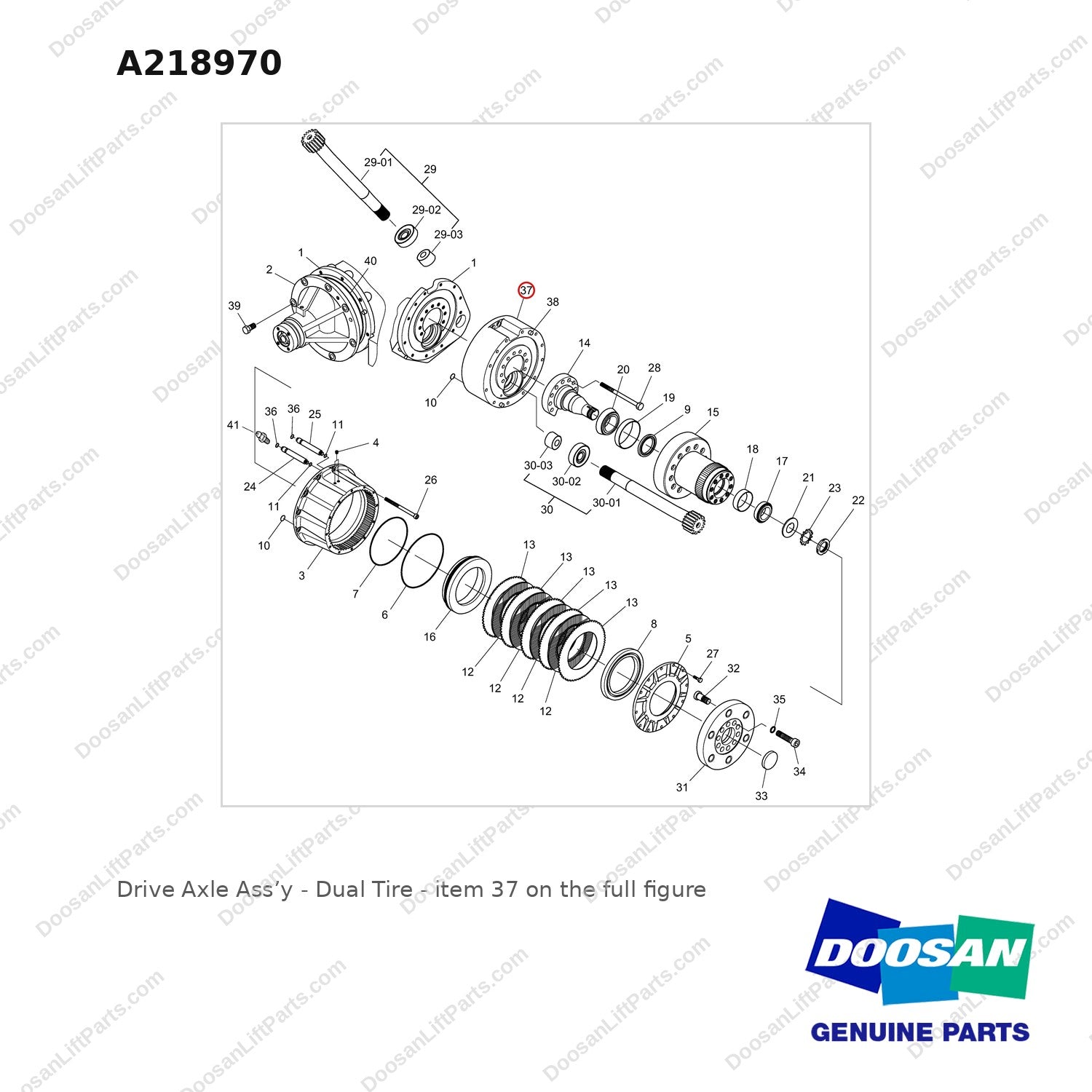 A218970 Drive Axle Ass'y - Dual Tire - full parts diagram, item 37 marked - genuine Doosan / Bobcat forklift part