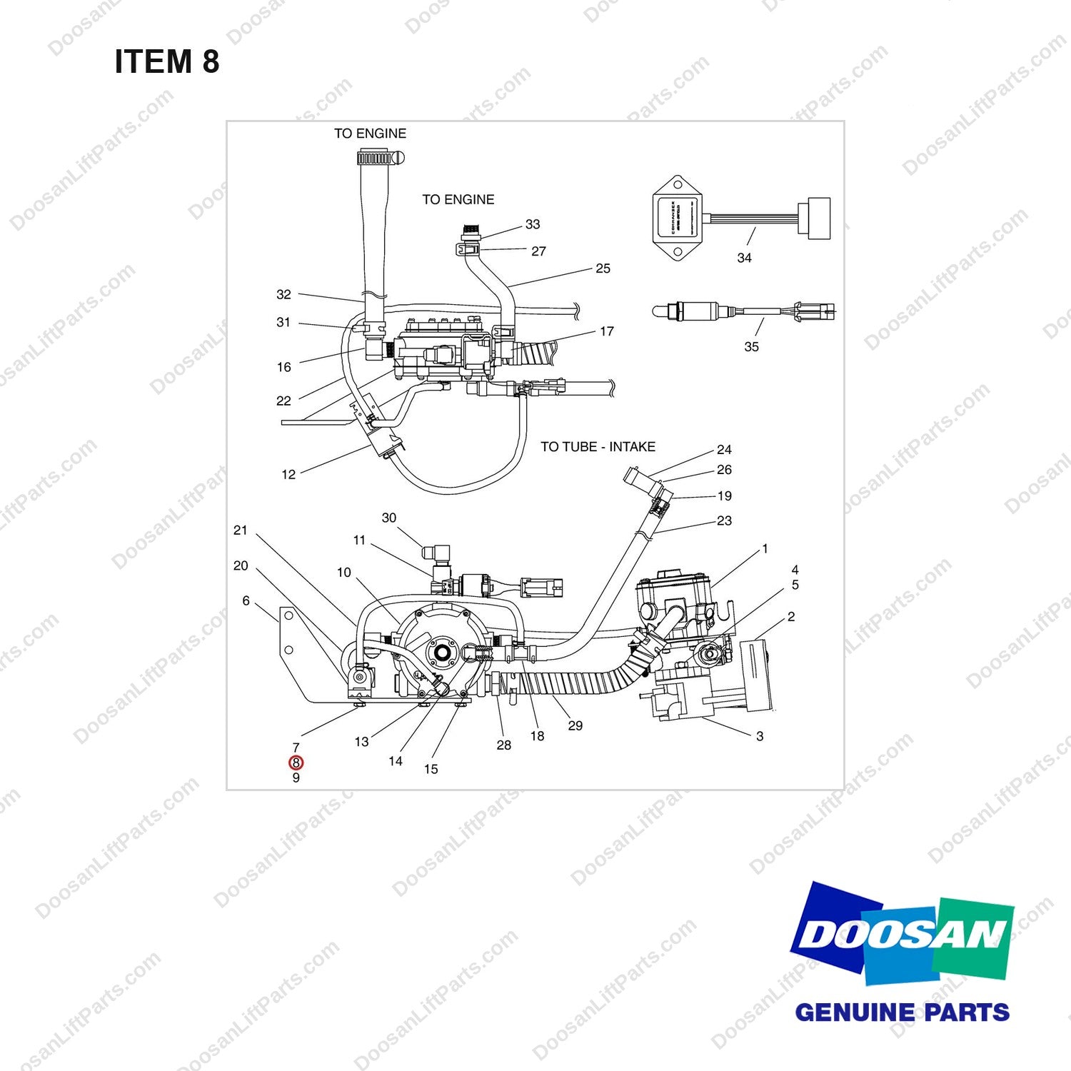 A219037 LP CARBURETOR GP-CLOSED LOOP - (LP, CERTIFIED LOW EMISSION) - full parts diagram, item 8 marked - genuine Doosan / Bobcat forklift part