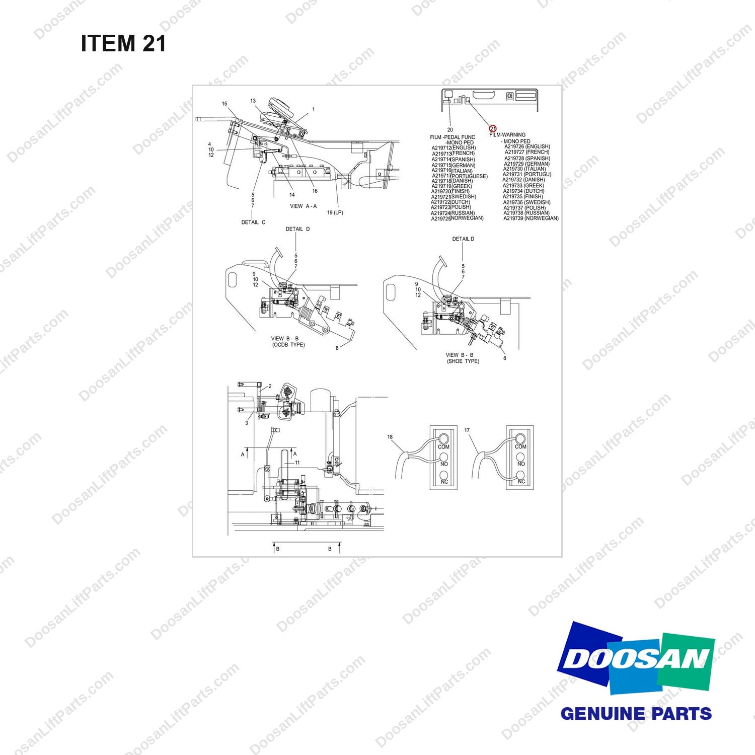 A219737 CONTROL GP-MONO PED - (DISC TYPE BRAKE) - full parts diagram, item 21 marked - genuine Doosan / Bobcat forklift part