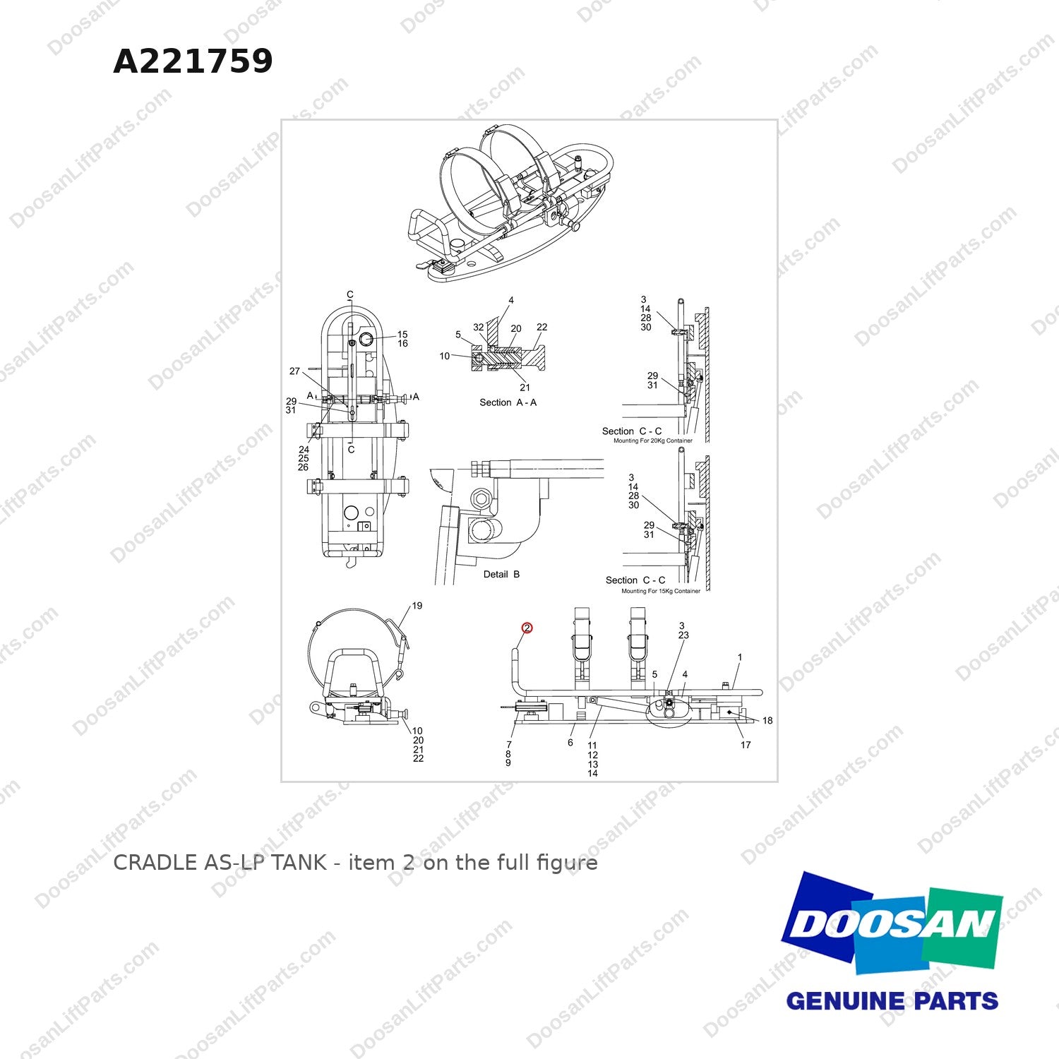 A221759 CRADLE AS-LP TANK - full parts diagram, item 2 marked - genuine Doosan / Bobcat forklift part
