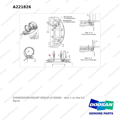 A221826 CHANGEOVER;MOUNT GROUP,LP,SWING - full parts diagram, item 1 marked - genuine Doosan / Bobcat forklift part