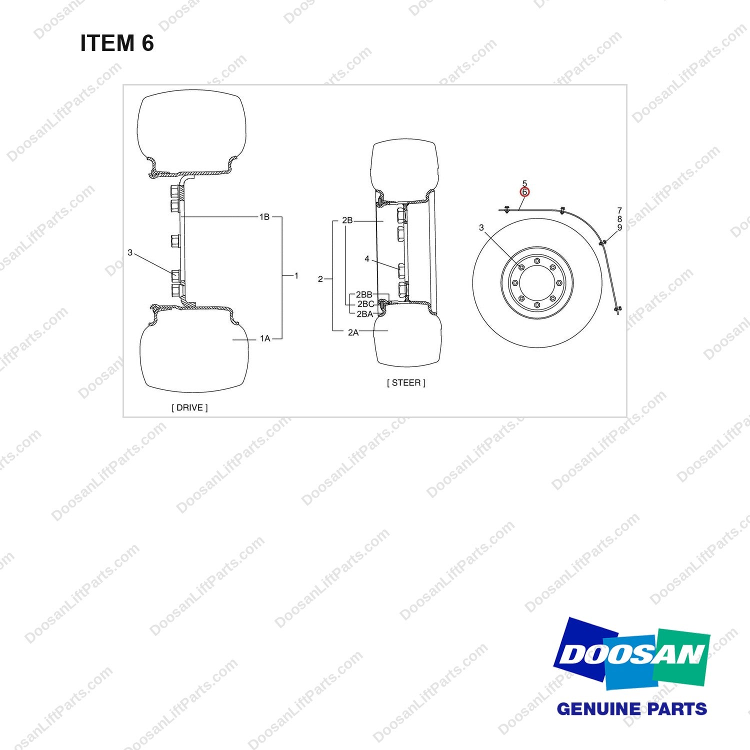 A231375 TIRE & WHEEL GP - (WIDE SOLID)-OCDB TYPE D/AXLE - full parts diagram, item 6 marked - genuine Doosan / Bobcat forklift part