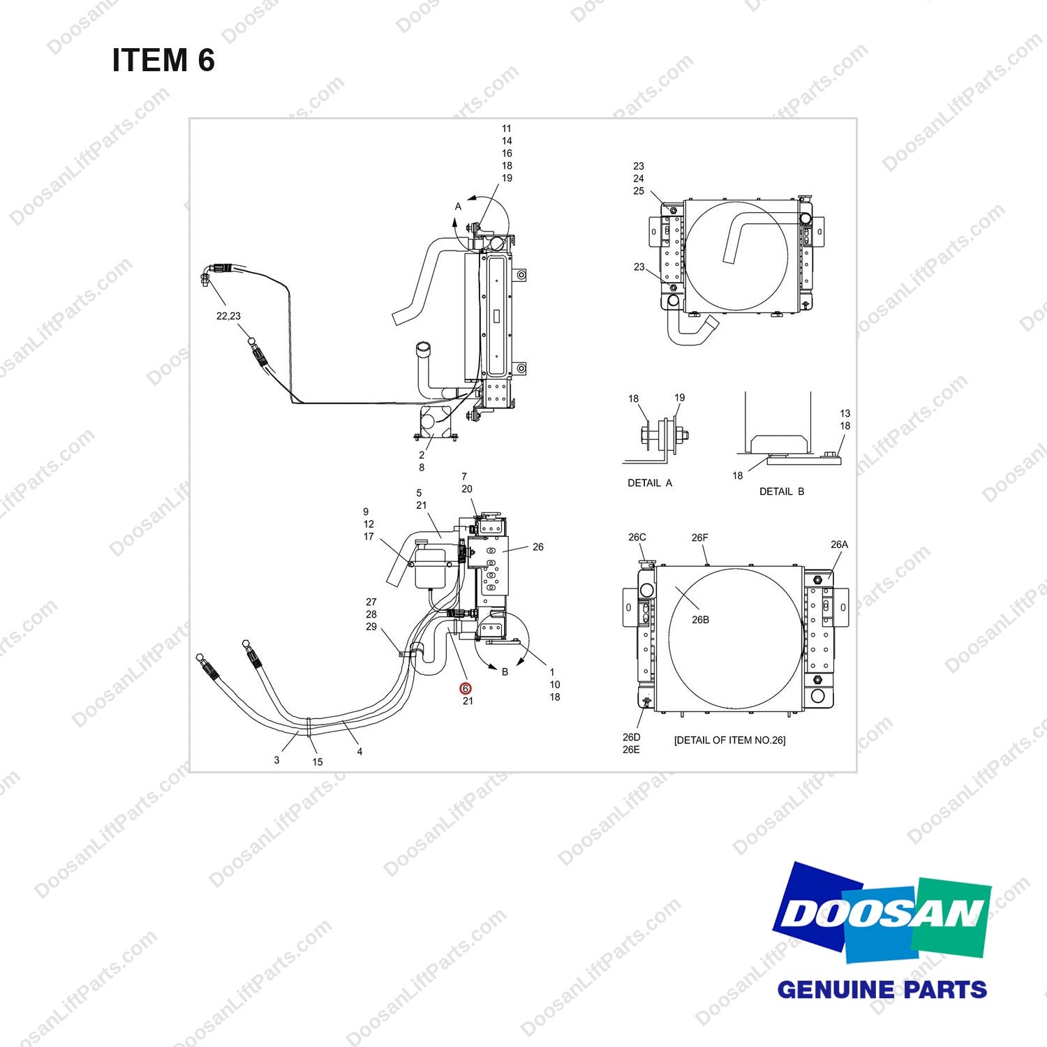 A231736 COOLING GROUP(G643E) - full parts diagram, item 6 marked - genuine Doosan / Bobcat forklift part