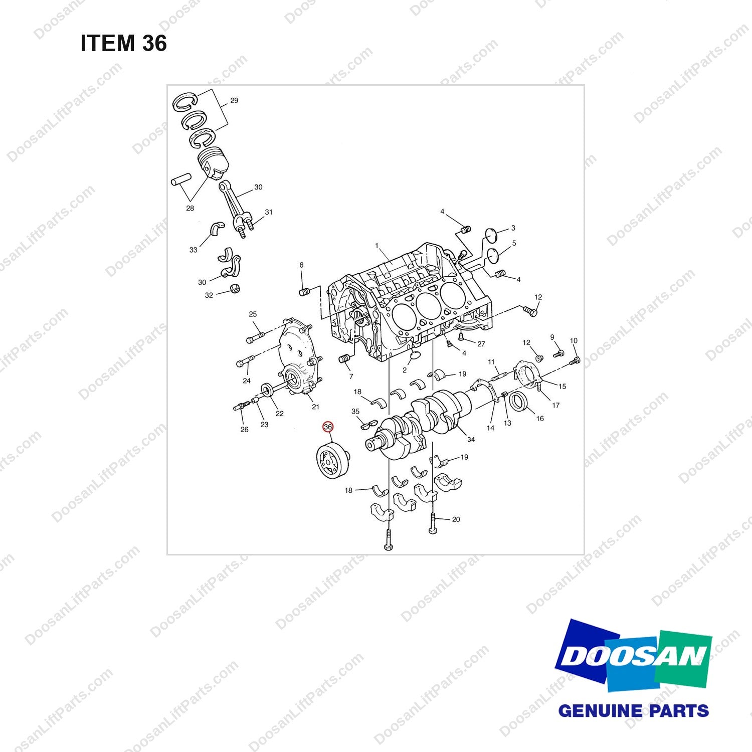 A232040 Cylinder Block Gp - full parts diagram, item 36 marked - genuine Doosan / Bobcat forklift part
