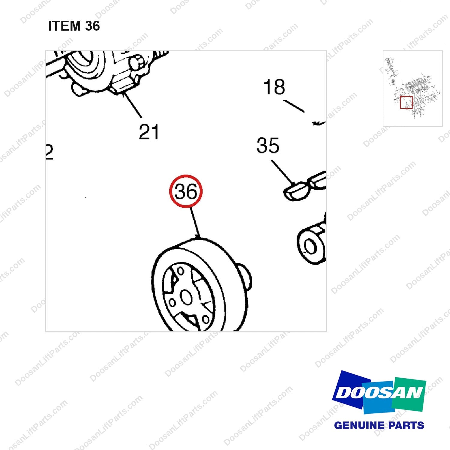 A232040 Cylinder Block Gp - parts diagram, item 36 shown - genuine Doosan / Bobcat forklift part