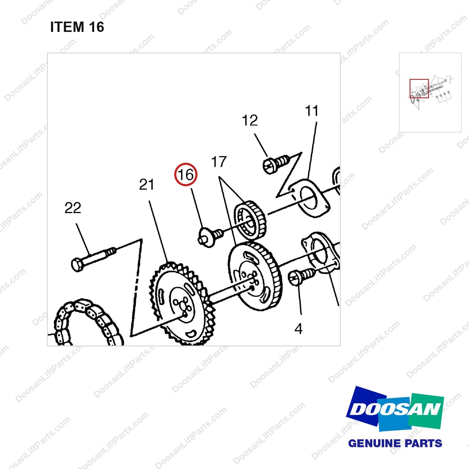 A232057 CAMSHAFT AND BALANCER GP - parts diagram, item 16 shown - genuine Doosan / Bobcat forklift part